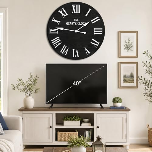 ARTPOWER 35.5" Extra Large Farmhouse Wall Clock,Solid Wood Veneer,Black - color: Black, size: 35.5"W x 35.5"H