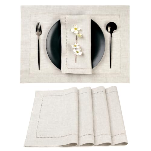 Signature Linen™ by D'Moksha, Light Natural Placemats Set of 4, 14 x 19 Inch, 100% Pure Linen Table Mats, Hemstitch, Machine Washable Cloth Placemats- Fall, Weddings, Outdoor Hosting - color: Light Natural, size: Set of 4 (14 X 19 Inch)