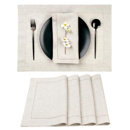 Signature Linen™ by D'Moksha, Light Natural Placemats Set of 4, 14 x 19 Inch, 100% Pure Linen Table Mats, Hemstitch, Machine Washable Cloth Placemats- Fall, Weddings, Outdoor Hosting - color: Light Natural, size: Set of 4 (14 X 19 Inch)