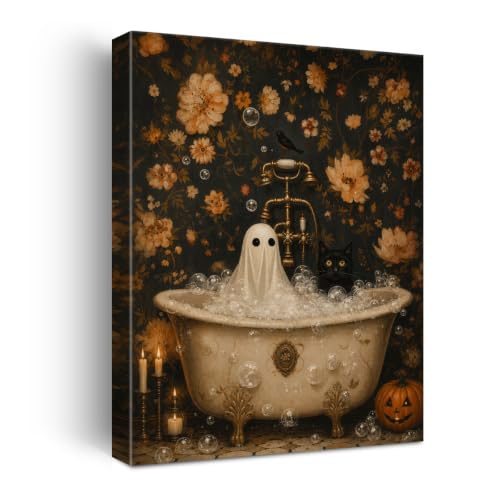 Halloween Wall Art Decor Ghost Black Cat Bubble Bath Canvas Print Framed - color: M