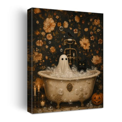 Halloween Wall Art Decor Ghost Black Cat Bubble Bath Canvas Print Framed - color: M