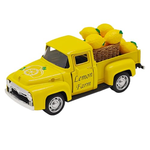 Lemon Decor - 4.9″Farmhouse Vintage Metal Truck with Mini Fake Lemons for Home Kitchen Table, Shelf, Party Decorations and Lemonade Stand Decor Summer Tiered Tray Decoration - color: Lemon-yellow