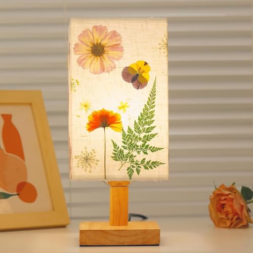Dried Flowers Table Lamp 5W LED 3Color Temperatures Pressed Flower Bedside Lamp Square Linen Shade with Wood Base for Bedroom Living Room - color: Square-3-Color