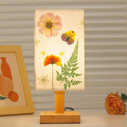 Dried Flowers Table Lamp 5W LED 3Color Temperatures Pressed Flower Bedside Lamp Square Linen Shade with Wood Base for Bedroom Living Room - color: Square-3-Color