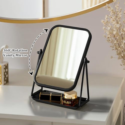 Small Desk Mirror with Storage Tray Tabletop Makeup Mirror Black - color: Rectangular-black