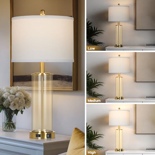 26" Modern Brown Glass Table Lamps Set of 2, Bedside Lamp with USB A+C Ports & AC Outlet, Living Room Lamps with 3-Way Dimmable Touch Control, Stylish Bedside Lamp for Bedroom Nightstand Dining Table - color: Brown