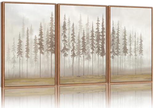 SIGNINART Large Pine Tree Framed Canvas Wall Art Set, Foggy Forest Landscape Wall Decor, Modern Beige Nature Artwork, Misty Forest Wall Painting for Living Room, Bedroom,Office 16 x24 x3 - color: Beige, size: 24"L x 16"W