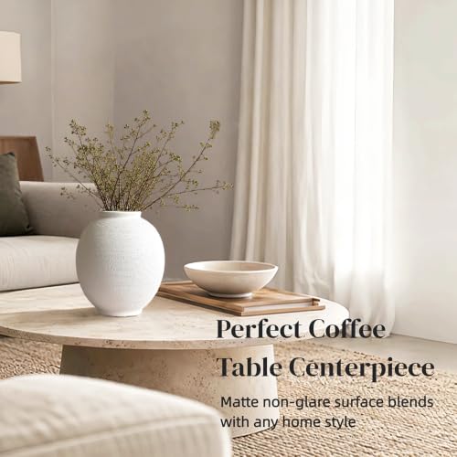White Ceramic Vase, 9.8" Large, Round, Sandstone White - color: White-9.8", size: 9.8"-Oval
