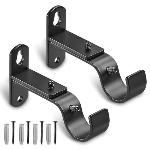 Adjustable Curtain Rod Brackets, Metal Window Drapery Rod Hanger Holders Hooks for 1 inch Rods (Black, Set of 2) - color: Black, size: Set of 2