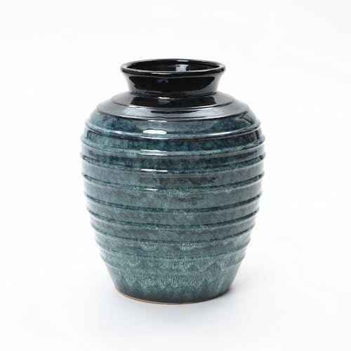 LuxenHome 16'' Rippled Blue Round Ceramic Vase