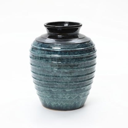 LuxenHome 16'' Rippled Blue Round Ceramic Vase