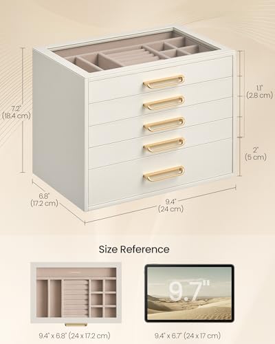 SONGMICS 5-Layer Jewelry Box with Glass Window, 5 Drawers, Golden Handles - color: Cream White, size: 5-Tier