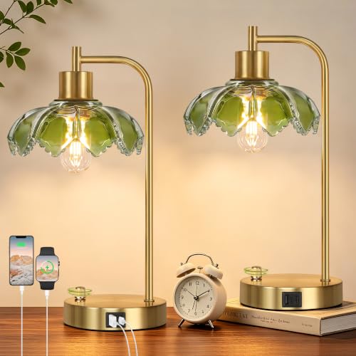 Glass Table Lamps Set of 2, Green Dimmable Bedside Lamps for Living Room - color: Gold&Green-2