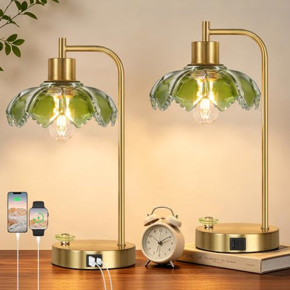 Glass Table Lamps Set of 2, Green Dimmable Bedside Lamps for Living Room - color: Gold&Green-2