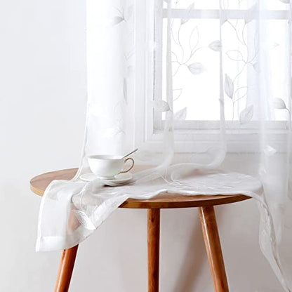 HOMEIDEAS White Sheer Curtains Leaf Embroidered, 52x84 Inch, 2 Panels - color: 4-white, size: 52"W x 84"L (Pack of 2)