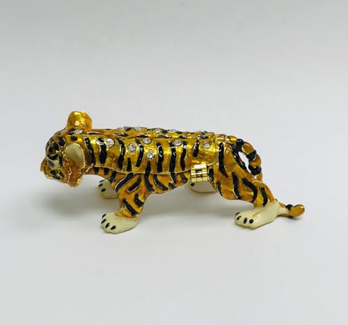 14k Gold Plated Pewter Tiger Trinket Box, Gold Plated Pewter with Austrian Crystals, Hand-Enameled Interior, Small Decorative Keepsake Small Jewelry First Tooth