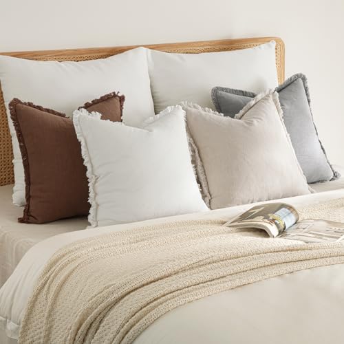 MIULEE Fall Linen Fringe Pillow Covers Set of 4 18x18 Beige/Brown/Grey - color: Neutral, size: 18" x 18" (Pack of 4)