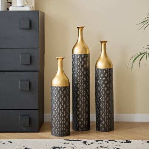 Metal Tall Floor Vase Set of 3, Large Gold Vase Decorative Tall Stand Vases for Dried Flower, Modern Home Decor for Living Room, Hallway, Wedding Centerpiece, 24.8"/30.3"/34.2", Gilded Rhombus Black - color: Gilded Rhombus Black