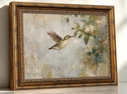 Vintage Gold Frame Hummingbird Wall Art, Rustic Canvas Painting Print for Bathroom Bedroom Decor, Aesthetic Bird Artwork for Living Room Entryway, Nature Farmhouse Home Office Wall Decor 12x16 In - color: bird, size: 16"L x 12"W