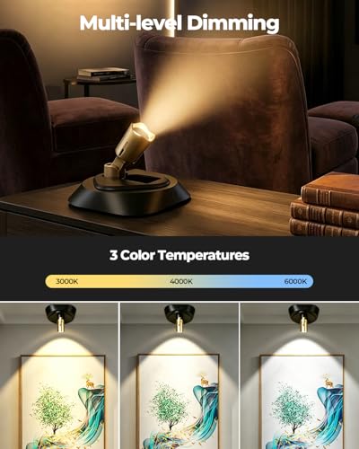 4 Pack Spot Lights Indoor Led Spotlight, Rechargeable Battery Wireless Up Lights Indoor Timer Remote, Small Dimmable Uplight for Plants Display Painting Dartboard Artwork Portrait Closet
