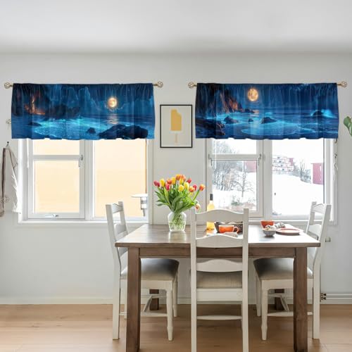 Beach Curtain Valance for Windows 2 Pack Moon Star Sky Blue Wave Rod Pocket Window Treatments Short Curtains for Kitchen Windows Bathroom Bedroom 54x18 Inch - color: Beach