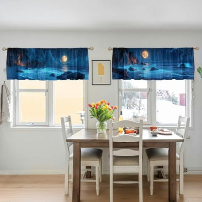 Beach Curtain Valance for Windows 2 Pack Moon Star Sky Blue Wave Rod Pocket Window Treatments Short Curtains for Kitchen Windows Bathroom Bedroom 54x18 Inch - color: Beach