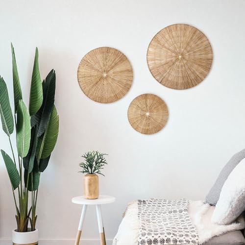 PEMAR Handwoven Jute Wall Hanging Baskets, Set of 3 Round Woven Wall Decor (22", 19", 15"), Decorative Wall Accents for Living Room, Bedroom and Entryway