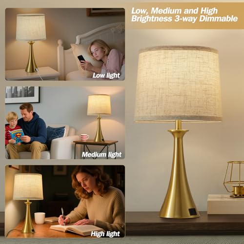 Touch Table Lamps Set of 2, 21" Bedside Lamps with USB C+A, Gold - color: Gold 2pcs