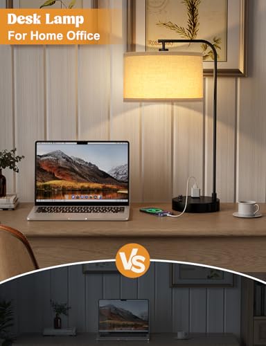 20.7" Tall Table Lamp with USB & Outlet, Fully Dimmable Nightstand Lamp - color: A-Beige Shade & Black Base