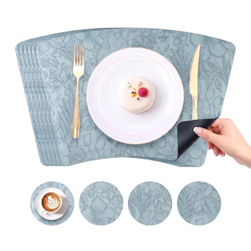 Faux Leather Set of 6, Placemats with Carving Floral Design - color: Light Blue