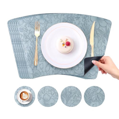 Faux Leather Set of 6, Placemats with Carving Floral Design - color: Light Blue