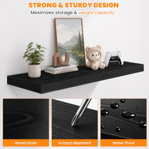RICHER HOUSE 55 Inch Long Floating Shelves, 12 Inch Deep Black Wall Shelf - color: Black, size: 55in
