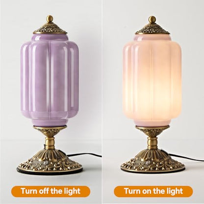 Milk Glass Table Lamp, Touch Control with USB Charging Port Vintage Bedside Desk Lamp Stepless Dimming for Bedroom Living Room Nightstand Led Bulbs Included （Purple）