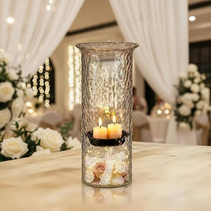 Patelai 15 Inch Large Glass Hurricane Candle Holder for Home Wedding Holiday Centerpiece Decoration Tall Clear Pillar Candle Holder with Removable Metal Insert