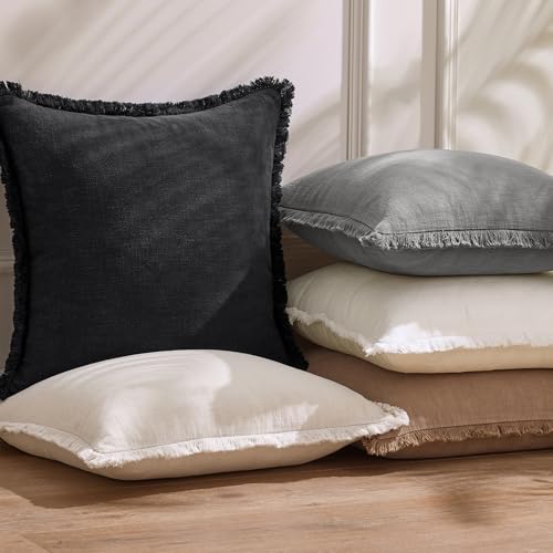 Linen Fringe Throw Pillow Covers 20x20 Inch Set of 2,Black - color: Black, size: 20" x 20" (Pack of 2)