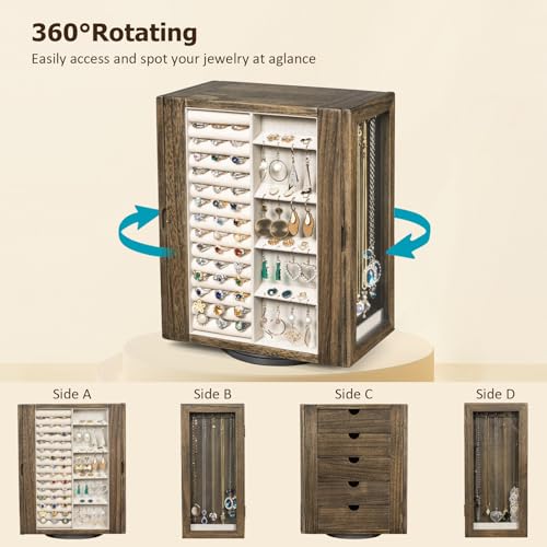 Emfogo 360° Rotating Jewelry Box for Women, Rustic Wooden Jewelry Organizer Box with 5 Drawers, Glass Doors, Vertical Open Design Jewelry Storage Case Display for Earrings Rings Necklaces Bracelets - color: Vintage