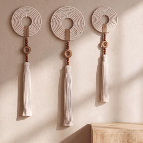 Tegeme 3 pcs Macrame Wall Hanging decor, Woven Tassel, Beige, Wood - size: Wood, style: Woven Tassel