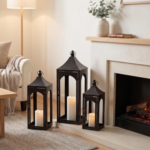 NEEDOMO Lanterns Decorative Indoor&Outdoor, Set of 3 Outdoor Lanterns for Porch, 26" Metal Frame Candle Holders with LED Candles, Fall, Christmas