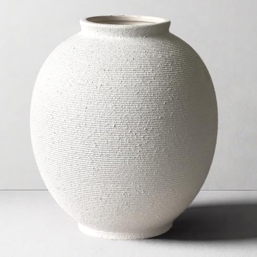White Ceramic Vase, 9.8" Large, Round, Sandstone White - color: White-9.8", size: 9.8"-Oval