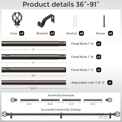 Bronze Curtain Rod 36-91 Inch, 1 Inch Curtain Rods for Windows - color: Bronze, size: 36"-91" (1 Pack)
