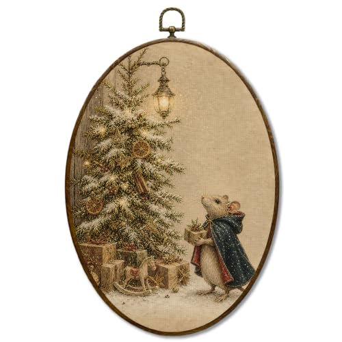 JQF Vintage Christmas Tree Mouse Oval Wall Decor Framed 8.5x11.5 Inch - color: christmas-3