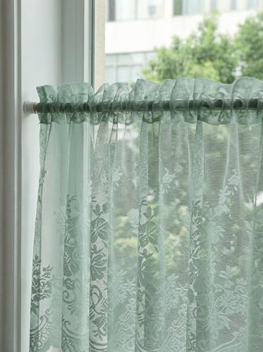 Molaxhome Kitchen Curtains Valance Blue Lace Floral Semi Sheer Curtain - color: Blue-green, size: 29"W x 24"L (Pack of 1)