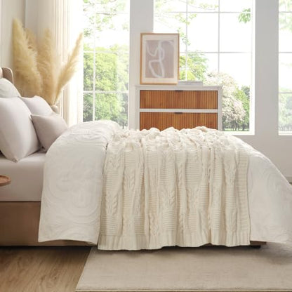 Amélie Home Chenille Knit Throw Blanket, Cream White 60"x80" - color: Cable Cream White, size: 60" X 80"