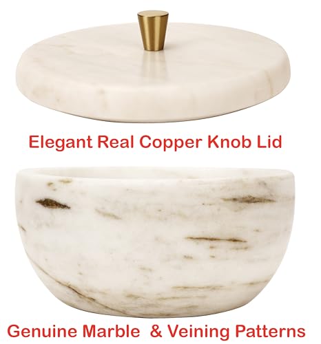 White Marble Storage Box with Copper Knob – Round Decorative Organizer for Jewelry, Trinkets, Bathroom or Office – Natural Marble with Soft Padded Bottom, 5" Diameter x 3.7" H, 3.3 lb