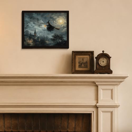 BIQRP Halloween Witch Flying On Broom Over Village Wall Art Decor - color: Flying1