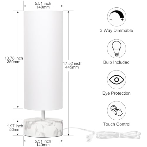 Touch Table Lamp with Marble Grain Metal Base, 3 Way Dimmable Bedside Lamp - color: White Marble Base with White Shade
