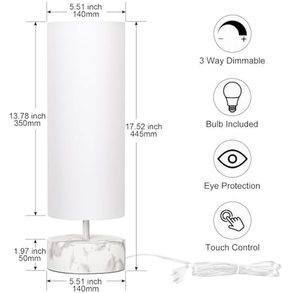 Touch Table Lamp with Marble Grain Metal Base, 3 Way Dimmable Bedside Lamp - color: White Marble Base with White Shade