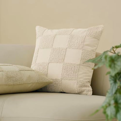 Double Stitch 100% Cotton Tufted Boho Checkered Throw Pillow Covers, Beige - color: Beige, size: 20" x 20" (Pack of 1)
