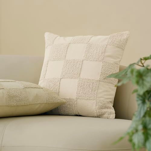 Double Stitch 100% Cotton Tufted Boho Checkered Throw Pillow Covers, Beige - color: Beige, size: 20" x 20" (Pack of 2)
