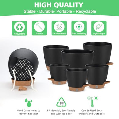 Self Watering Planter Set with Visual Water Level, 6Pack Small Plastic Pot with Drainage Holes and Reservoir Saucers, Modern 8+7+6.5+6+5.5+5 Inch Bottom Watering Flower Pots for Indoor Plant - Black - color: Black-small